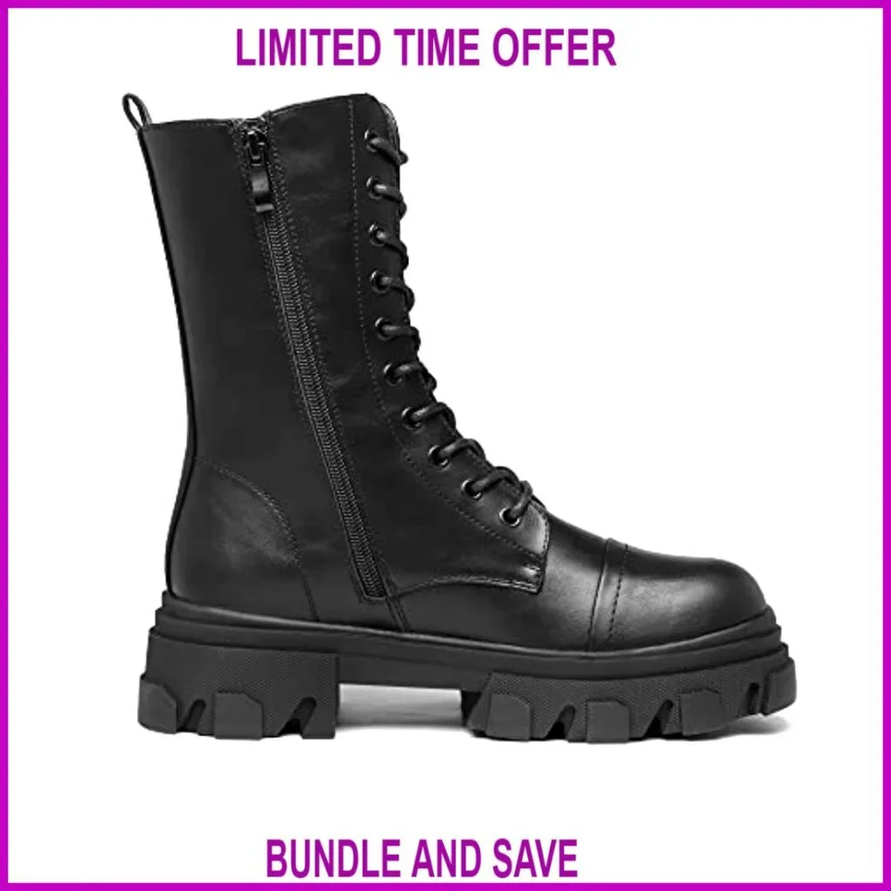 Women's Combat Boots Mid Calf Low Heel Chunky Platform Lug Sole - Picture 3 of 7